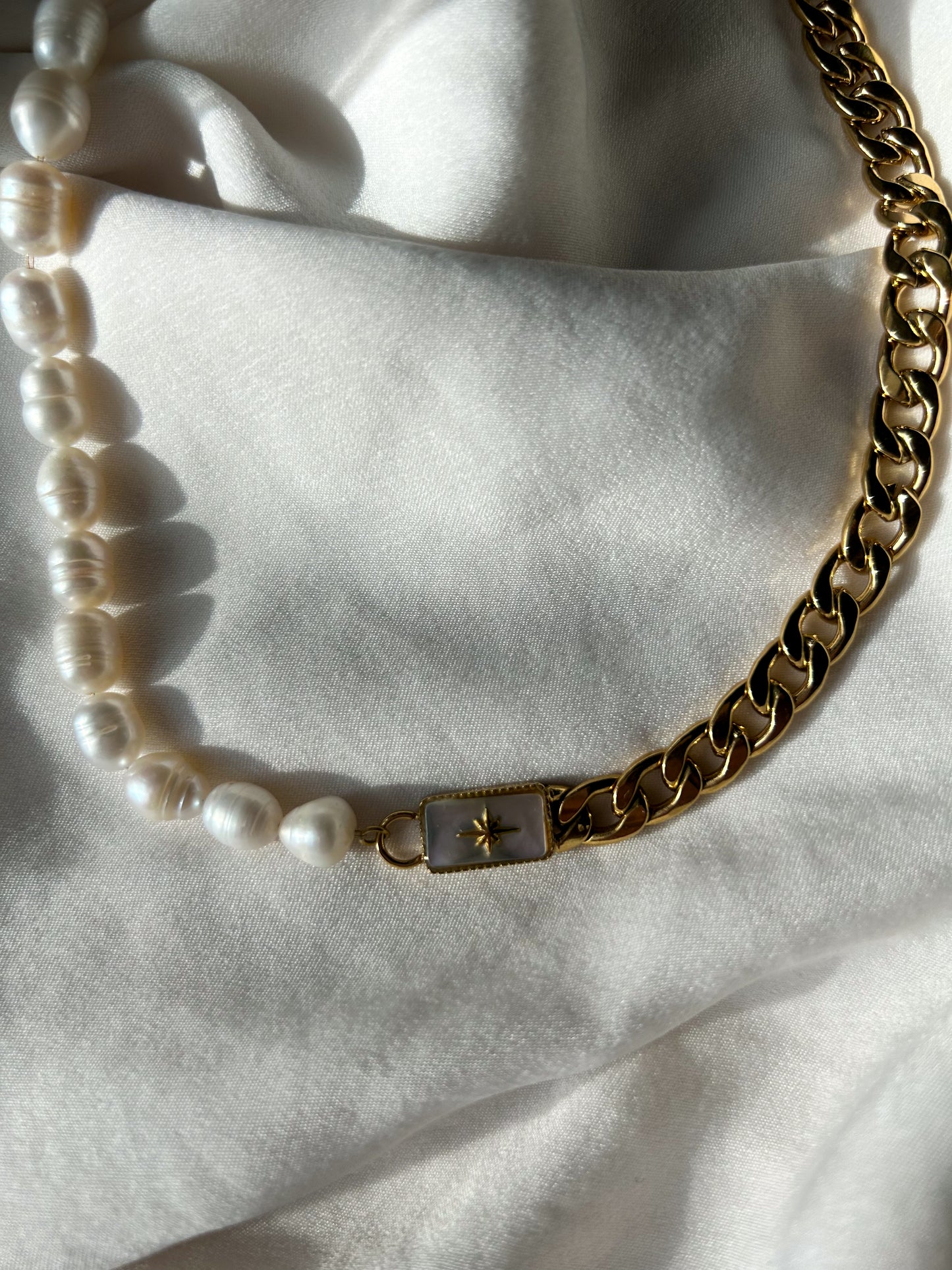 Gold Pearl Necklace with White Mother of Pearl Stone