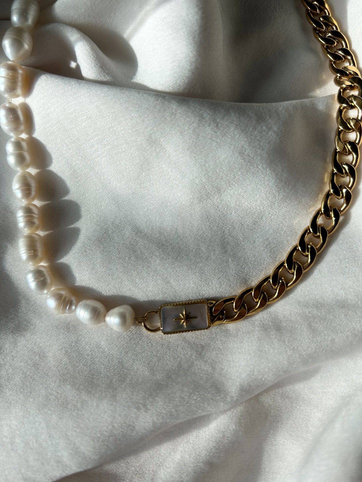 Gold Pearl Necklace with White Mother of Pearl Stone