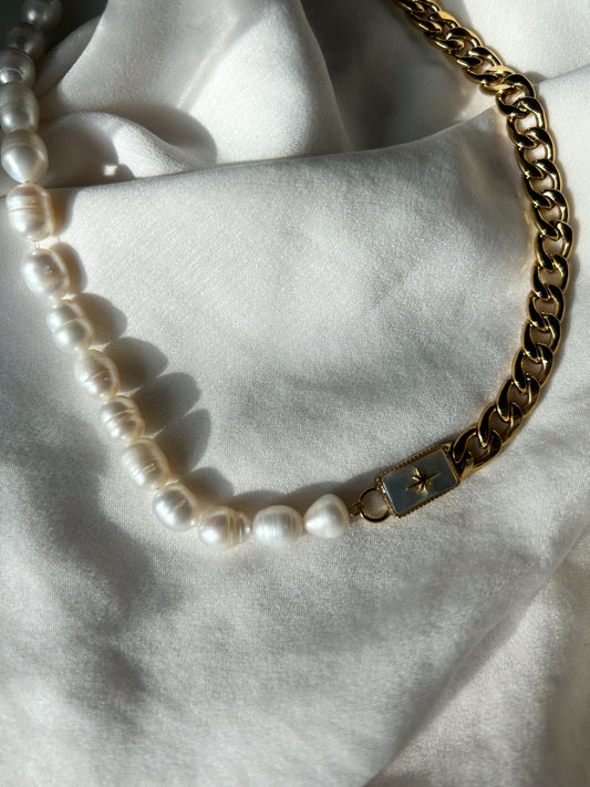 Gold Pearl Necklace with White Mother of Pearl Stone